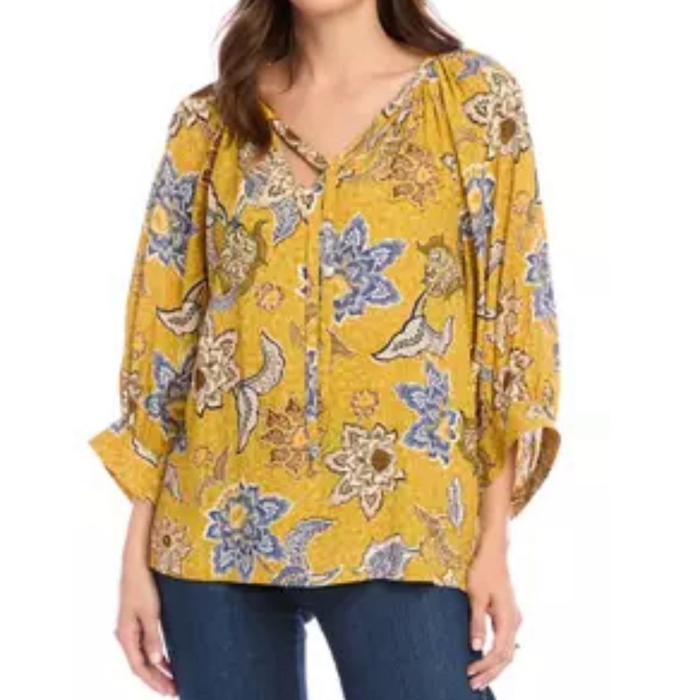 Karen Kane Women's 2X Blouson Sleeve Top Gold Western Floral Print Flowy
